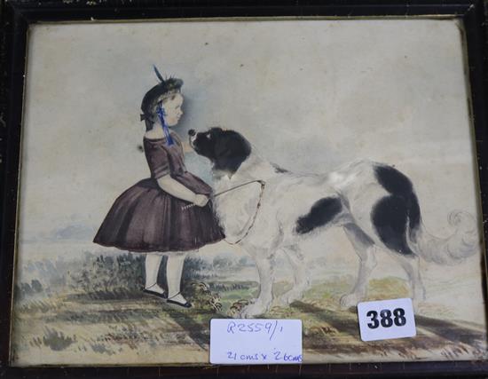 Victorian watercolour, Naive scene of a girl with a dog, 21 x 26.5cm